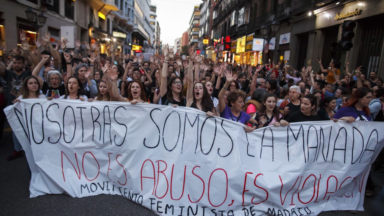 Protesters in Madrid carry a sign reading 'We are the wolf pack. It not abuse, it is rape" during a demonstration against the verdict in April.