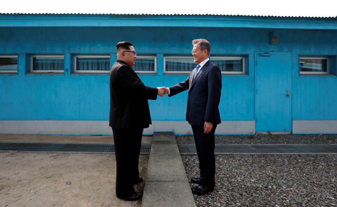 South Korean President Moon Jae-in and North Korean leader Kim Jong-un meet at the Military Demarcation Line at the DMZ, April 27.