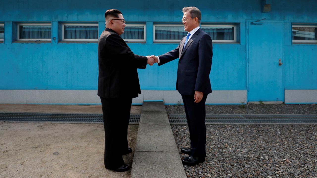 South Korean President Moon Jae-in and North Korean leader Kim Jong-un meet at the Military Demarcation Line at the DMZ, April 27.