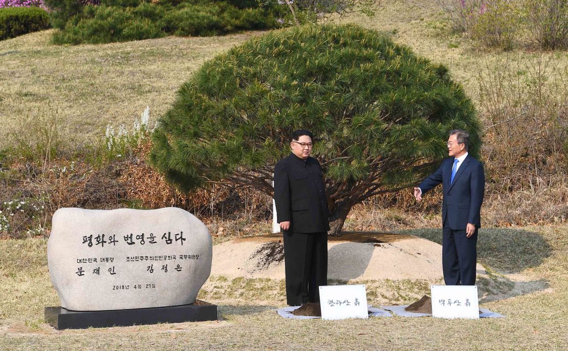 Leaders of North and South Korea participate in a tree-planting ceremony next to the Military Demarcation Line that forms the border between the two Koreas.