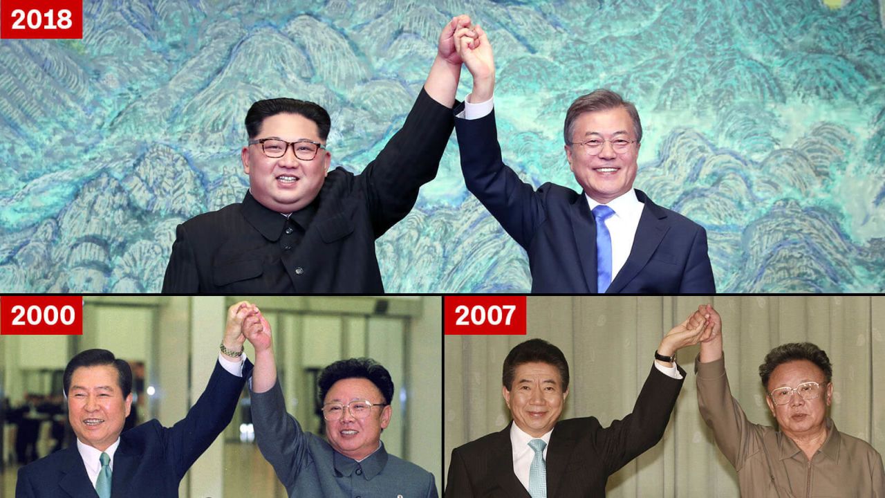Kim Jong Un and Moon Jae-in, top; Kim Dae-jung and Kim Jong Il, bottom left; and Kim Jong Il and Roh Moo-hyun, bottom right.