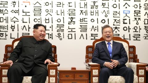 North Korean leader Kim Jong Un (L) and South Korean President Moon Jae-in at  the Inter-Korean Summit on Friday in Panmunjom. 