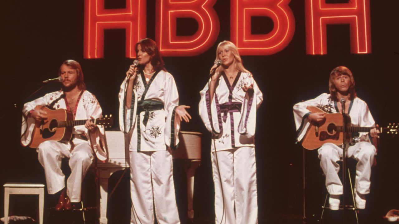 Swedish pop group ABBA (Benny Andersson, Frida Lyngstad, Agnetha Faltskog, Bjorn Ulvaeus) perform on the television program "Midnight Special "circa 1975. 