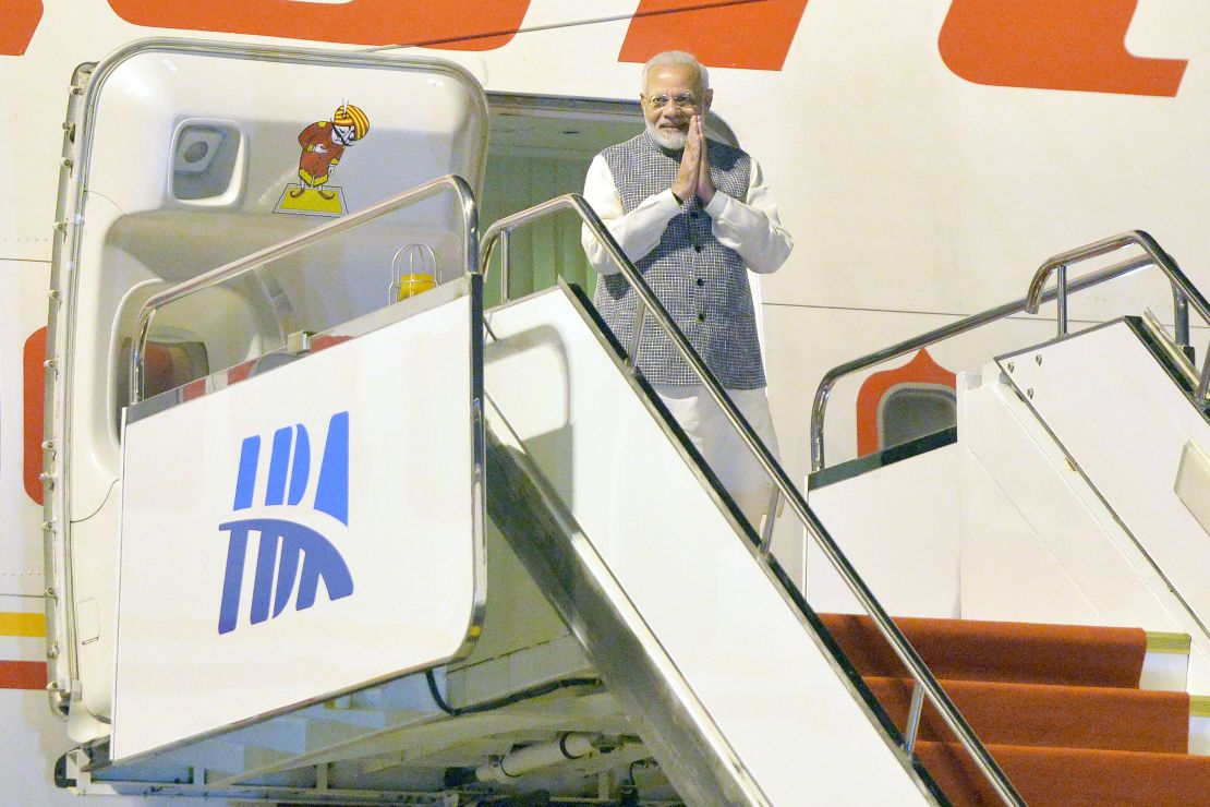 Indian Prime Minister Narendra Modi exits his plane after arriving in Wuhan in China's Hubei province on April 27.