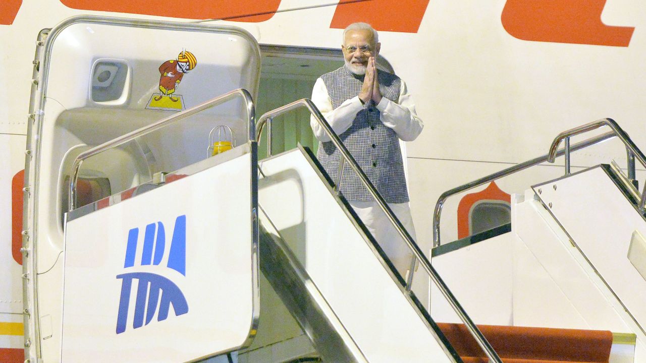 Indian Prime Minister Narendra Modi exits his plane after arriving in Wuhan in China's Hubei province on April 27.