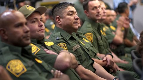 Border Patrol agents listened to Homeland Security Secretary Kirstjen Nielsen in California last month. Nielsen is among officials claiming the border is highly dangerous for agents.