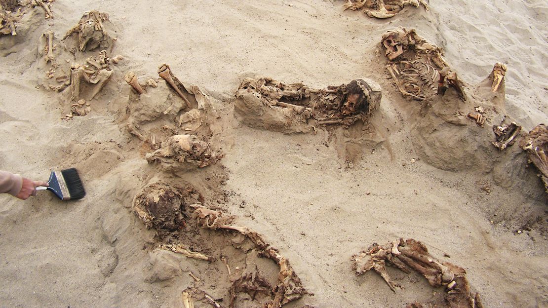 This April 22, 2011, photo provided by National Geographic shows more than a dozen bodies preserved in dry sand for more than 500 years, at the Huanchaquito-Las Llamas site near Trujillo, Peru. 
