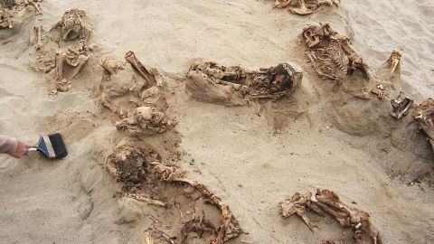 This April 22, 2011, photo provided by National Geographic shows more than a dozen bodies preserved in dry sand for more than 500 years, at the Huanchaquito-Las Llamas site near Trujillo, Peru. 