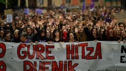 Women carried a sign in the basque language that said, ''Our Word',  during Saturday's protest in Pamplona. (AP Photo/Alvaro Barrientos)