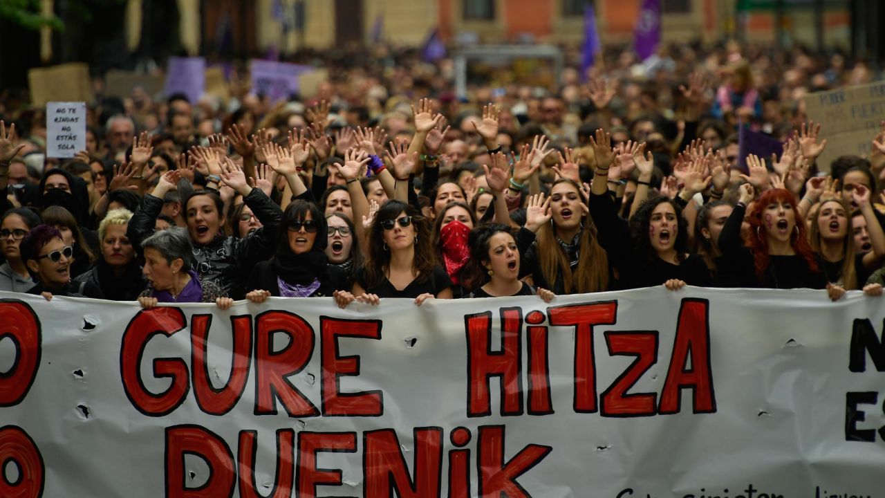 Women carry a sign, written in Basque, that says, ''Our Word," during Saturday's protest in Pamplona.