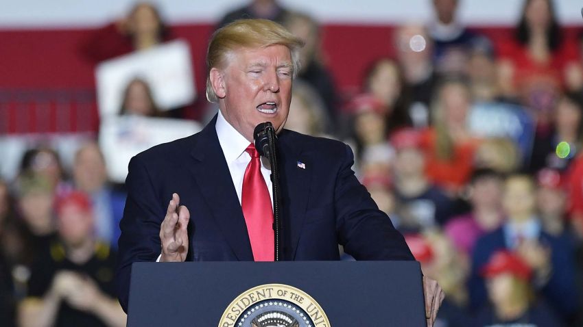 US President Donald Trump speaks during a rally at Total Sports Park in Washington, Michigan on April 28, 2018. (Photo by MANDEL NGAN / AFP)        (Photo credit should read MANDEL NGAN/AFP/Getty Images)