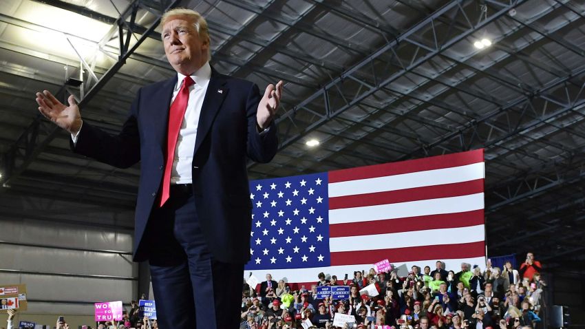 US President Donald Trump speaks during a rally at Total Sports Park in Washington, Michigan on April 28, 2018. (Photo by MANDEL NGAN / AFP)        (Photo credit should read MANDEL NGAN/AFP/Getty Images)