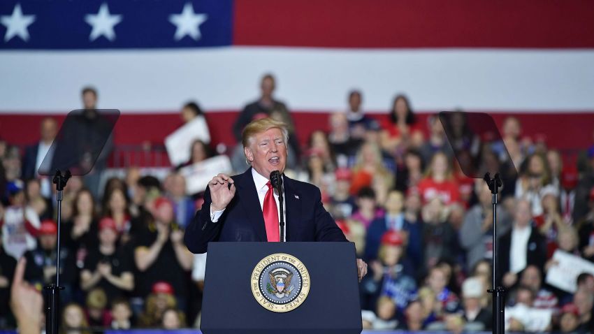 US President Donald Trump speaks during a rally at Total Sports Park in Washington, Michigan on April 28, 2018. (Photo by MANDEL NGAN / AFP)        (Photo credit should read MANDEL NGAN/AFP/Getty Images)