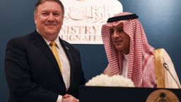 Saudi Foreign Minister Adel al-Jubeir (R) shakes hands with US Secretary of State Mike Pompeo during a joint press briefing at the Royal airport in the capital Riyadh on April 29, 2018. (Photo by FAYEZ NURELDINE / AFP)        (Photo credit should read FAYEZ NURELDINE/AFP/Getty Images)