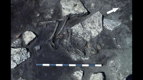This is just one of 26 individuals found at the site of a fifth-century massacre on the Swedish island of Öland. This adolescent was found lying on his side, which suggests a slower death. Other skeletons found in the homes and streets of the ringfort at Sandby borg show signs of sudden death by blows to the head.