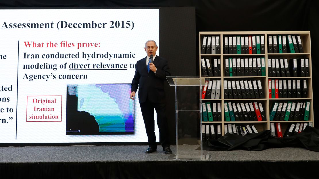 Israeli Prime Minister Benjamin Netanyahu delivers a speech on Iran's nuclear program at the defence ministry in Tel Aviv on April 30, 2018. 