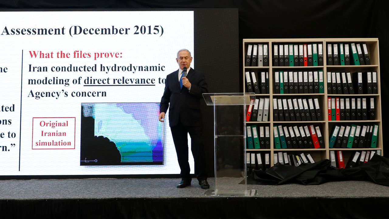 Israeli Prime Minister Benjamin Netanyahu delivers a speech on Iran's nuclear program at the defence ministry in Tel Aviv on April 30, 2018. - Netanyahu said that he had proof of a "secret" Iranian nuclear weapons programme, as the White House considers whether to pull out of a landmark atomic accord that Israel opposes. (Photo by Jack GUEZ / AFP)        (Photo credit should read JACK GUEZ/AFP/Getty Images)
