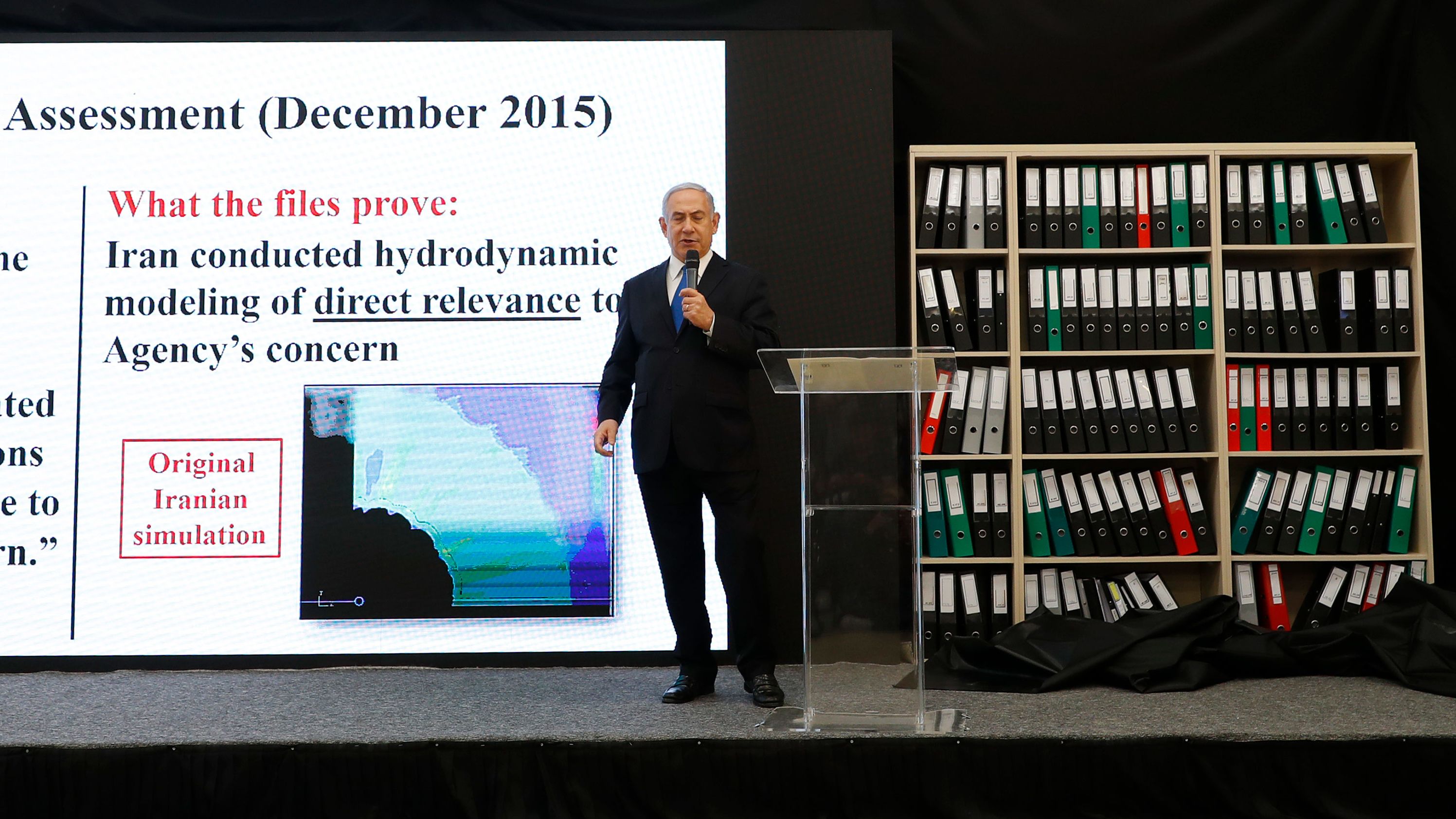 Israeli Prime Minister Benjamin Netanyahu delivers a speech on Iran's nuclear program at the defence ministry in Tel Aviv on April 30, 2018. 