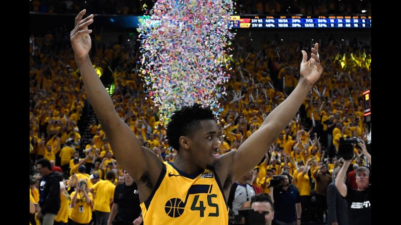 Utah's Donovan Mitchell celebrates Friday, April 27, after the Jazz defeated Oklahoma City to advance to the second round of the NBA Playoffs. Mitchell scored 38 points in <a href="index.php?page=&url=http%3A%2F%2Fbleacherreport.com%2Farticles%2F2773105-donovan-mitchell-leads-jazz-to-2nd-round-with-win-vs-russell-westbrook-thunder" target="_blank" target="_blank">the Game 6 clincher.</a>