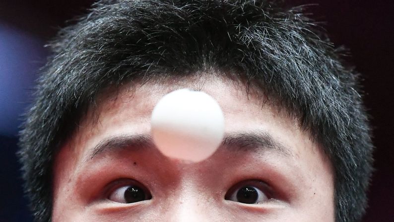 Tomokazu Harimoto, a table tennis player from Japan, focuses on the ball during a match at the World Championships on Monday, April 30.