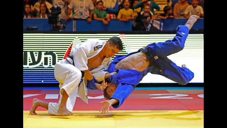 Israel's Tal Flicker, left, competes against Slovenia's Adrian Gomboc at the European Judo Championships, which ended in Tel Aviv, Israel, on Saturday, April 28. Gomboc went on to win gold in their weight class. Flicker finished with a bronze.