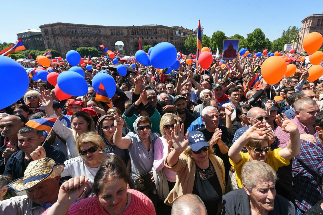 Supporters of Nikol Pashinyan attend a rally in downtown Yerevan on May 1.
