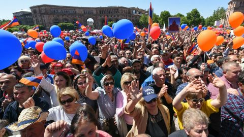 Supporters of Nikol Pashinyan attend a rally in downtown Yerevan on May 1.