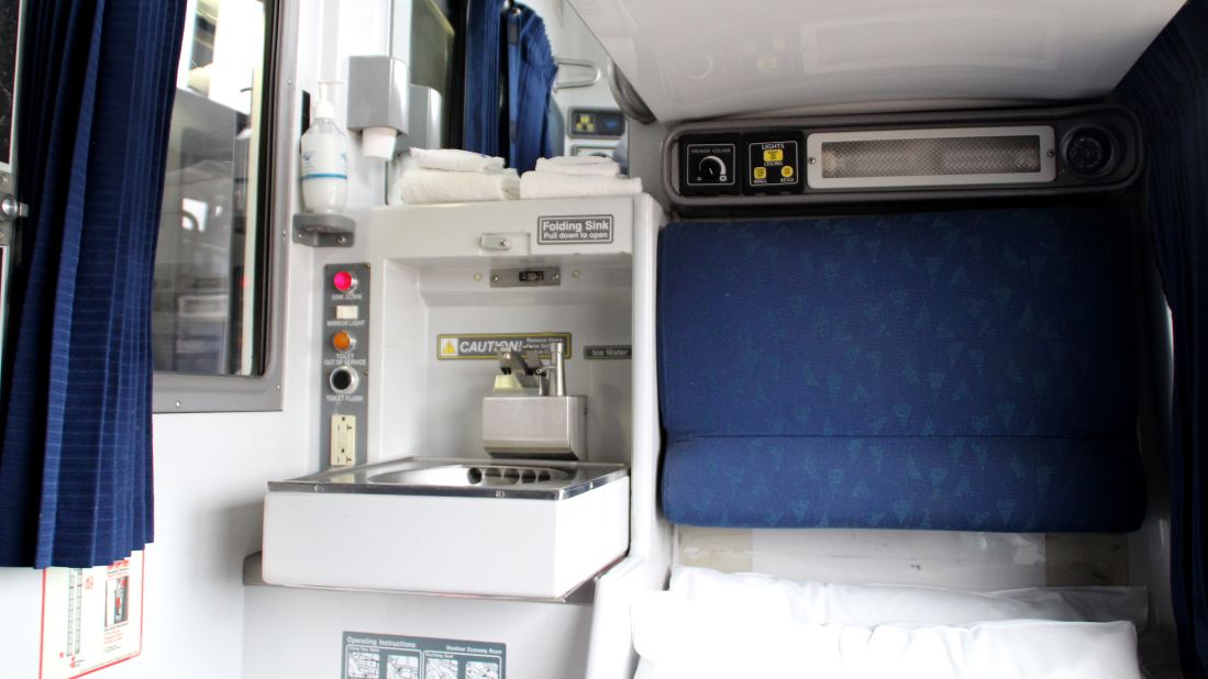 Viewliner Roomette sleeper compartments feature a fold-down sink, seats, lie-flat berths and a toilet.