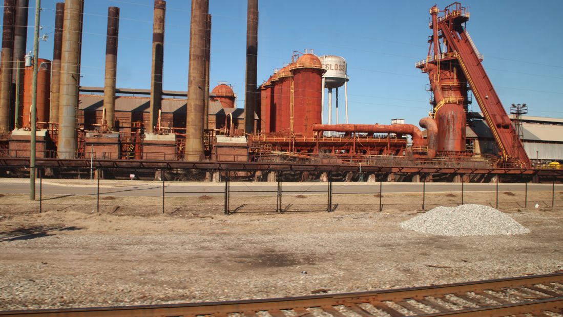 The Sloss Furnaces Historic Landmark outside of Birmingham, Alabama, is visible from the train.