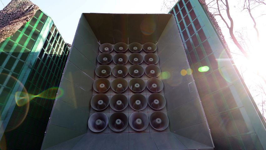 YEONCHEON, SOUTH KOREA - JANUARY 08:  (SOUTH KOREA OUT) A loudspeaker is seen at a military base near the border between South Korea and North Korea on January 8, 2016 in Yeoncheon, South Korea. South Korea announced on January 7, 2016 that it would resume the broadcasts from the loudspeakers placed along the border, criticizing the North in response to its nuclear test. In August 2015, when the South Korean soldiers were maimed by land mines in DMZ, South Korea started the loudspeaker broadcasts and the North threatened to attack the speakers.  (Photo by Korea Pool-Donga Daily via Getty Images)