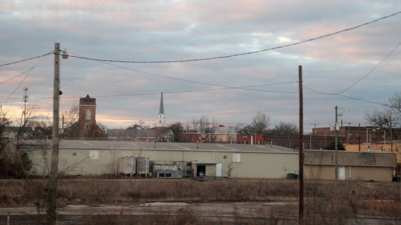 Church steeples pierce the sky on the way out of Meridian, Mississippi.