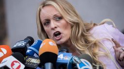 NEW YORK, NY - APRIL 16: Adult film actress Stormy Daniels (Stephanie Clifford) speaks to reporters as she exits the United States District Court Southern District of New York for a hearing related to Michael Cohen, President Trump's longtime personal attorney and confidante, April 16, 2018 in New York City.  Cohen and lawyers representing President Trump are asking the court to block Justice Department officials from reading documents and materials related to Cohen's relationship with President Trump that they believe should be protected by attorney-client privilege. Officials with the FBI, armed with a search warrant, raided Cohen's office and two private residences last week.  (Photo by Drew Angerer/Getty Images)