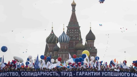 Balloons fly above a rally in Red Square, Moscow.
