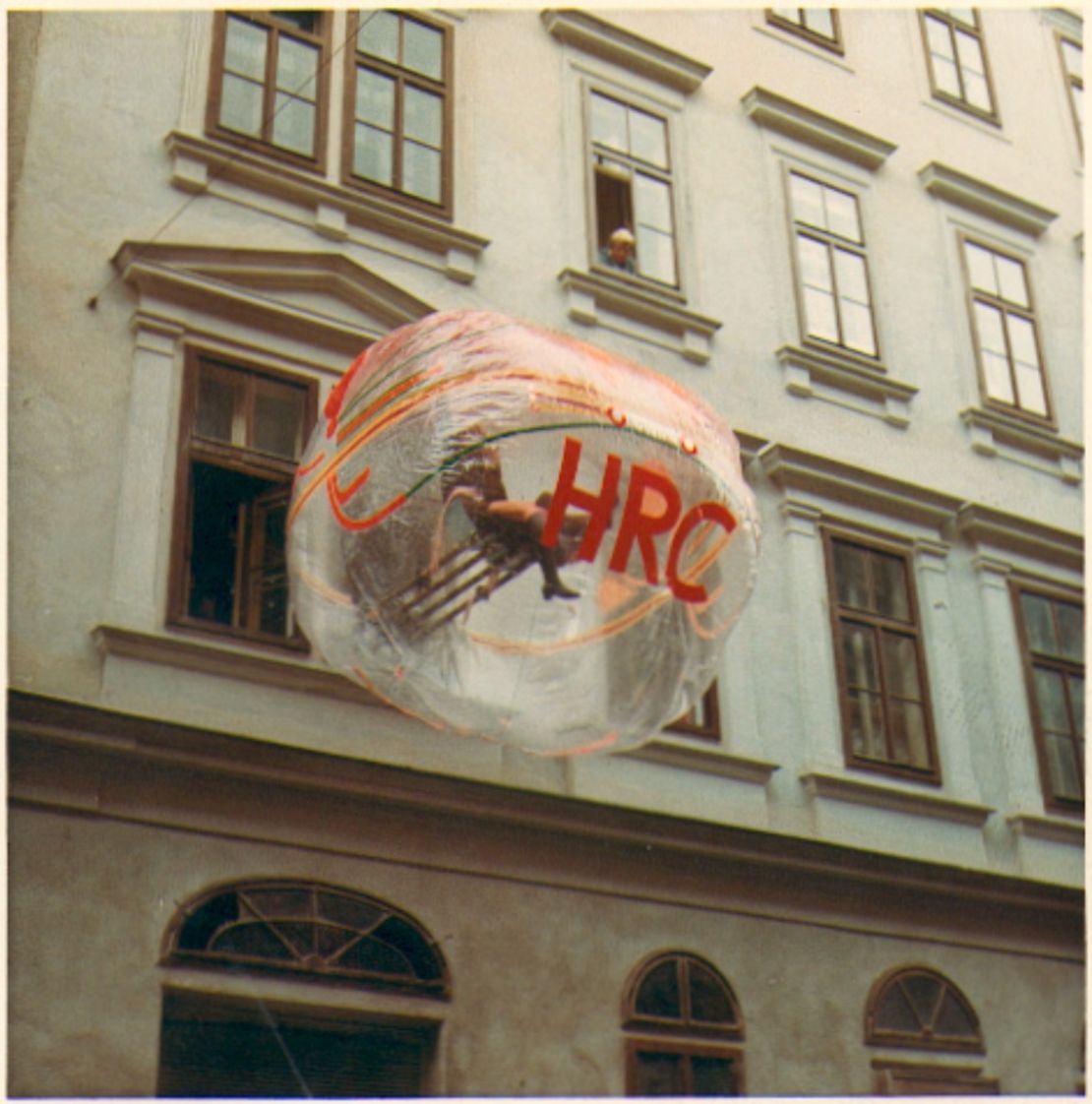 "Balloon for Two," erected outside an apartment building.