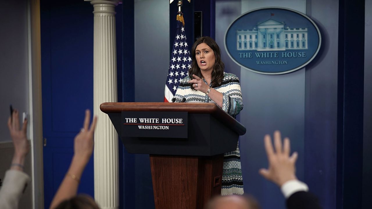 WASHINGTON, DC - MAY 01:  White House Press Secretary Sarah Sanders speaks during a White House daily news briefing at the James Brady Press Briefing Room of the White House May 1, 2018 in Washington, DC. Sanders held a daily briefing to answer questions from members of the White House Press Corps.  (Photo by Alex Wong/Getty Images)