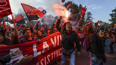 Chilean workers take part in a May Day march in the capital of Santiago.
