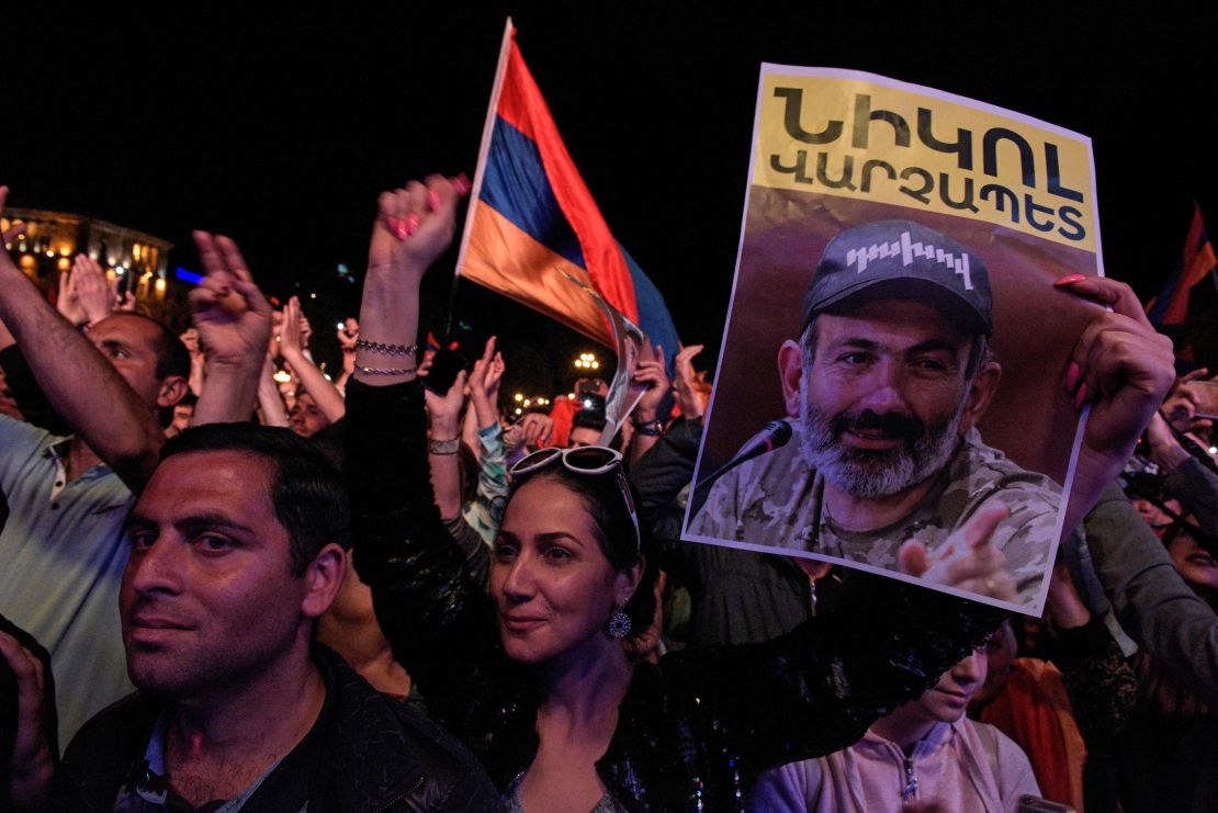 Pashinyan supporters rally in Yerevan Tuesday night.  