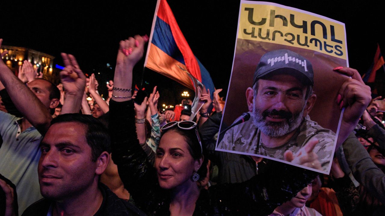 Pashinyan supporters rally in Yerevan Tuesday night.  