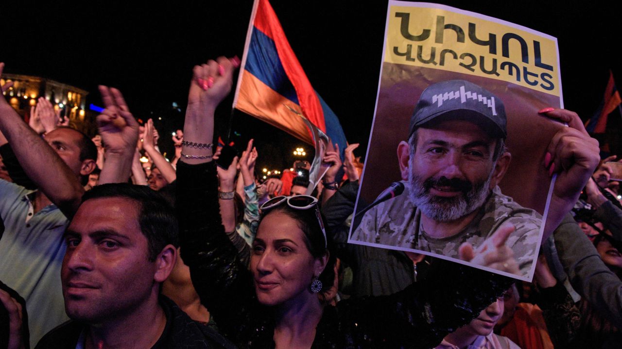 Pashinyan supporters rally in Yerevan Tuesday night.