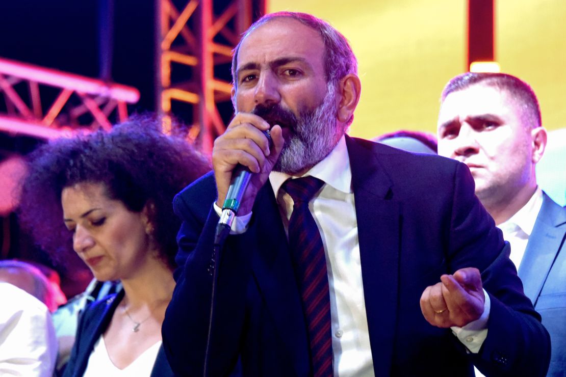 Nikol Pashinyan addresses supporters in downtown Yerevan.