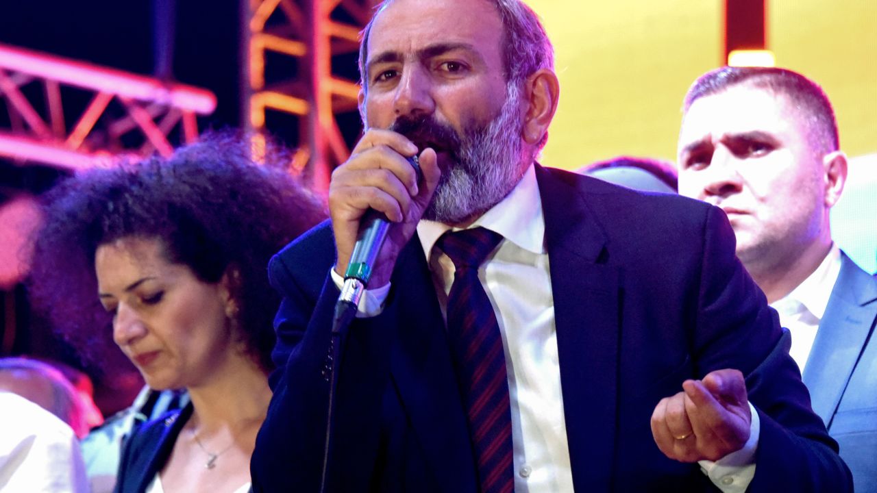 Nikol Pashinyan addresses supporters in downtown Yerevan.