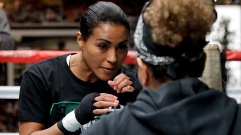 Braekhus trains during a media workout at the Wild Card West Boxing Club, California