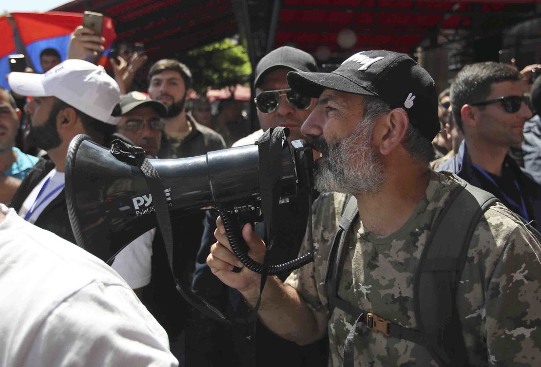 Opposition leader Nikol Pashinyan addresses supporters during demonstrations on Wednesday. 