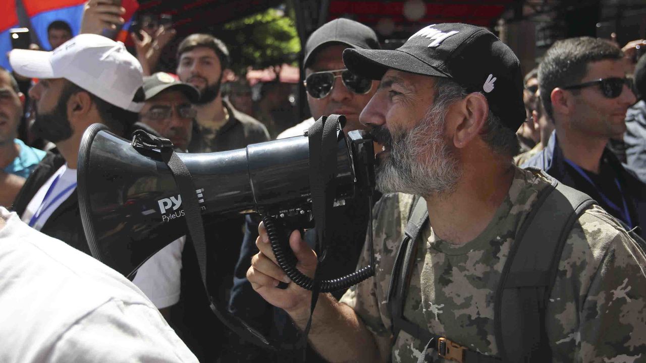Opposition leader Nikol Pashinyan addresses supporters during demonstrations on Wednesday.