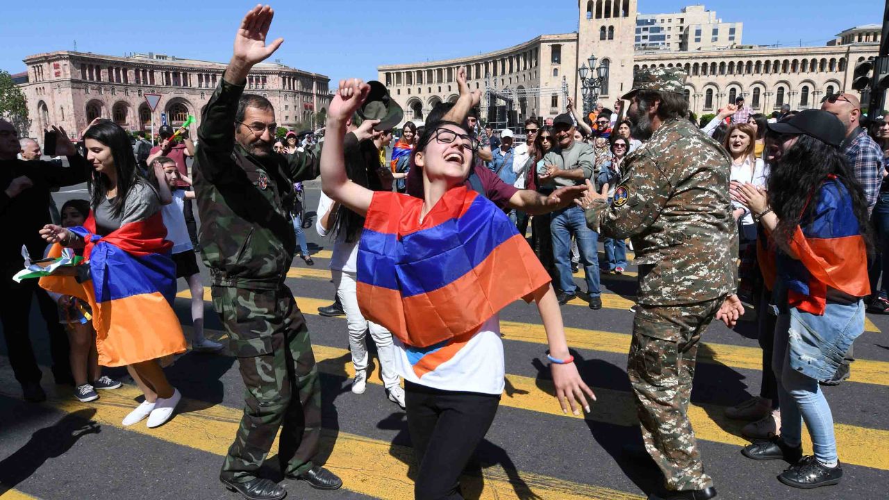 Pashinyan supporters dance in central Yerevan on Wednesday. 