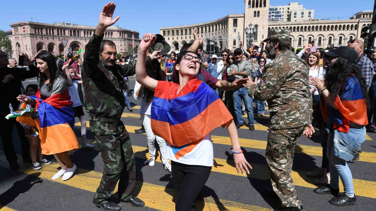 Pashinyan supporters dance in central Yerevan on Wednesday.