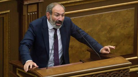 Armenian opposition leader Nikol Pashinyan answers lawmakers' questions in Parliament on May 1.