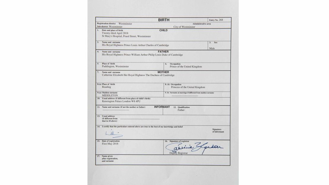 The official birth register entry of Prince Louis Arthur Charles of Cambridge, son of Prince William and the Duchess of Cambridge.
