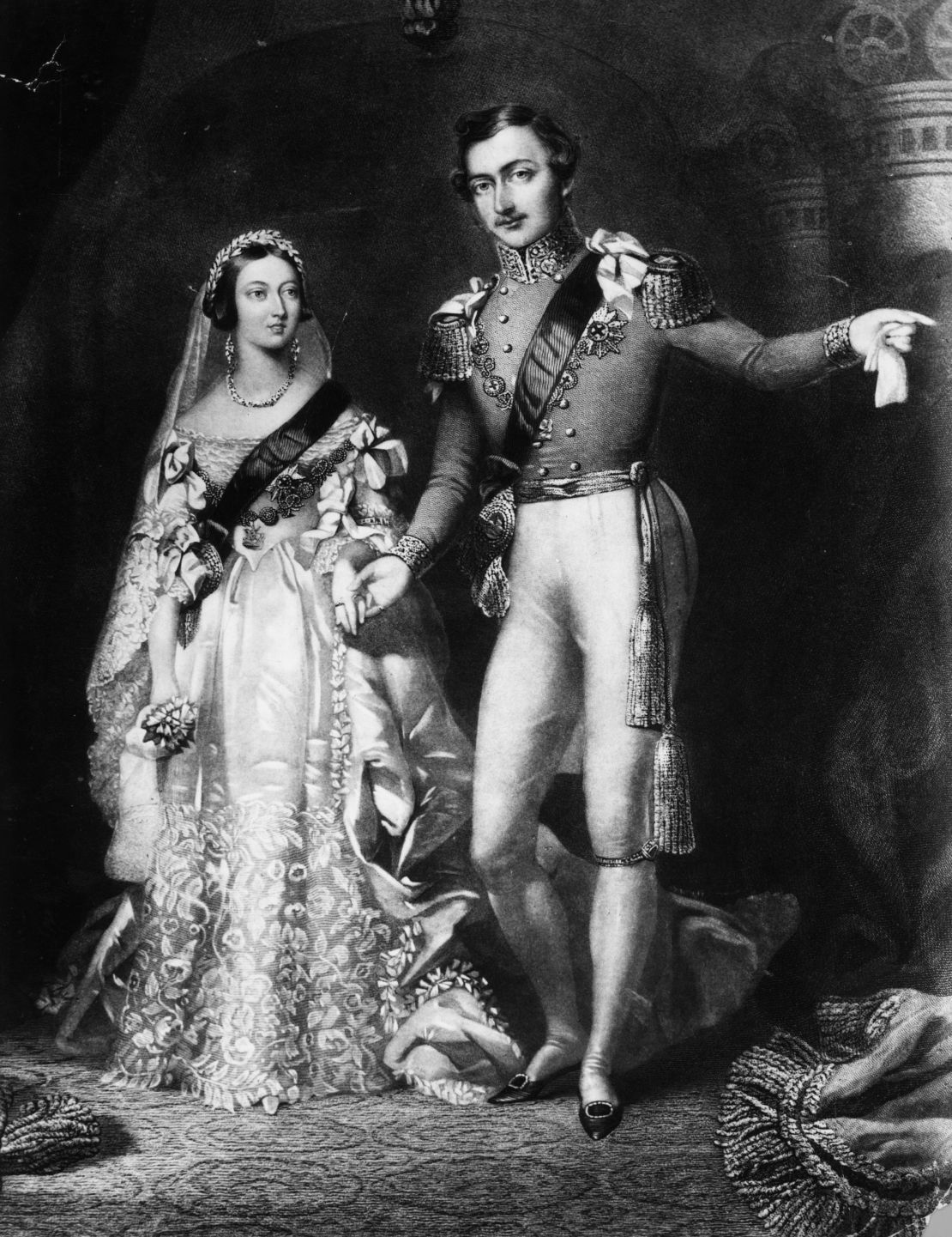 An illustration of Queen Victoria and Prince Albert on their return from the marriage service at St. James's Palace in London.
