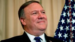 Secretary of State Mike Pompeo listens as President Donald Trump speaks during a ceremonial swearing in at the State Department, Wednesday, May 2, 2018, in Washington. (AP/Evan Vucci)